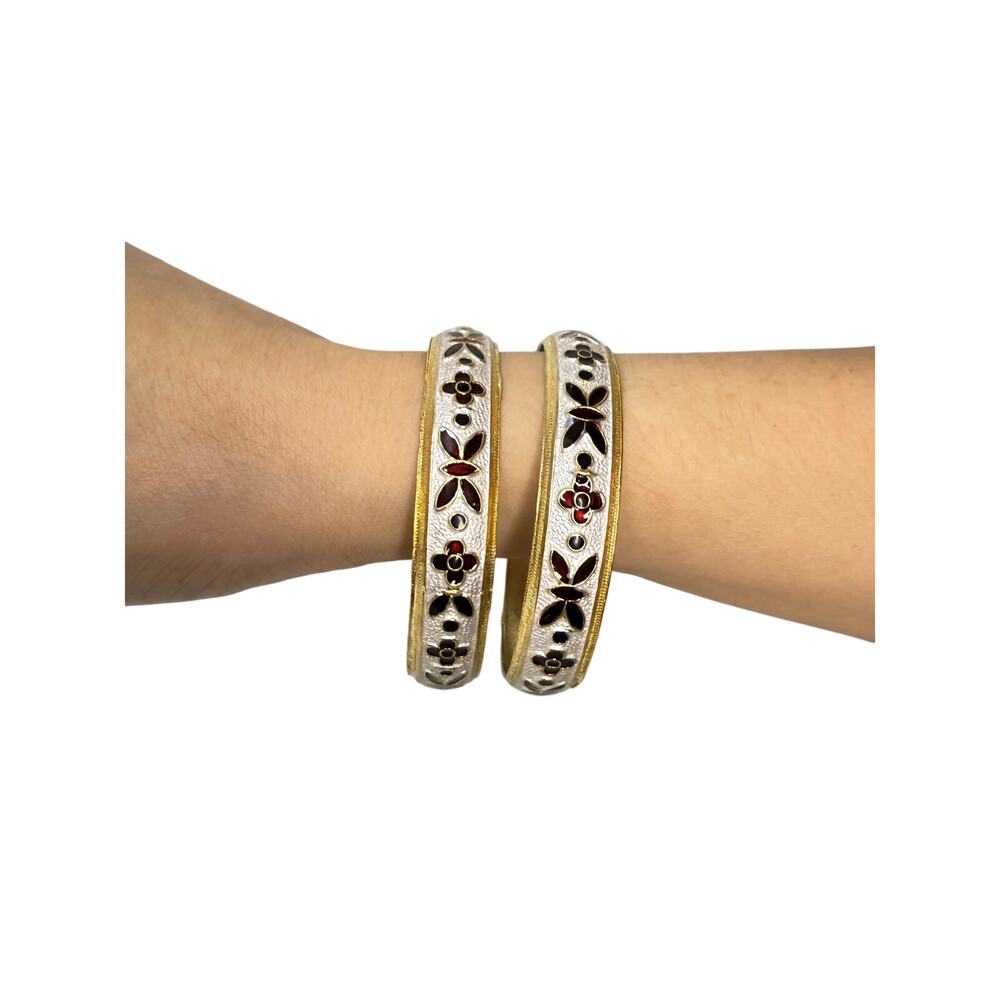 Set of 2 Vintage Gold Toned & White Bangles with Red Ruby Hand-Painted Design - Picture 2 of 5